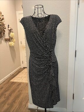 Evan Picone Black and White Polka Dot Midi Wrap Dress